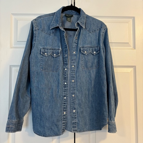 VTG Ralph Lauren Western Blue Denim Shirt with Pearl Buttons & Intricate Details - Picture 3 of 15